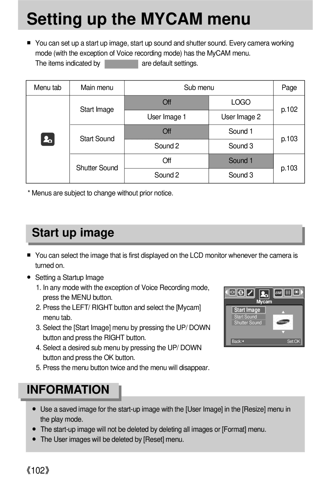 Samsung EC-V800ZABA/E1, EC-V800ZSBA/FR, EC-V800ZSAA, EC-V800ZSBA/E1, EC-V800ZABA/AU Setting up the Mycam menu, Start up image 