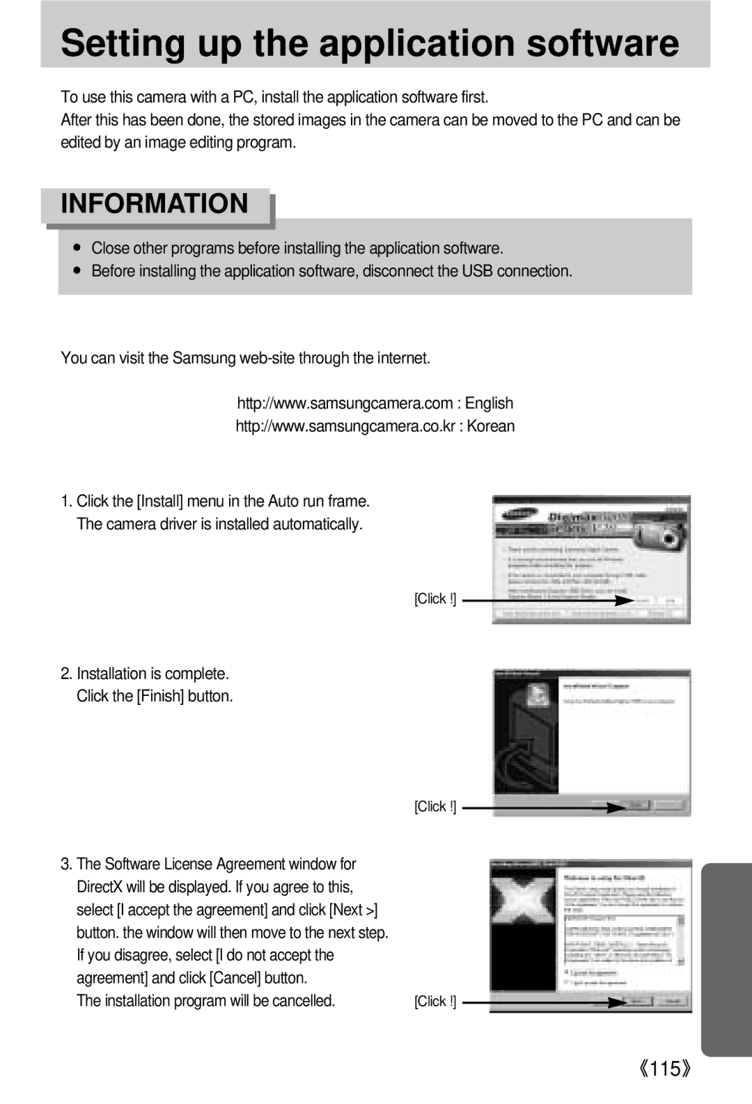 Samsung EC-V800ZABA/GB, EC-V800ZSBA/FR manual Setting up the application software, Installation program will be cancelled 