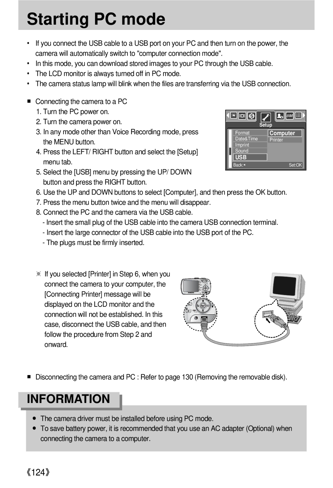 Samsung EC-V800ZABA/GB, EC-V800ZSBA/FR, EC-V800ZSAA manual Starting PC mode, Any mode other than Voice Recording mode, press 