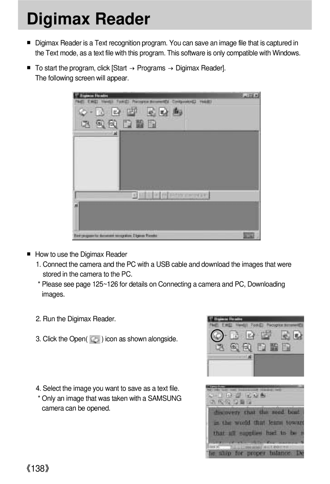 Samsung EC-V800ZABA/E1, EC-V800ZSBA/FR, EC-V800ZSAA, EC-V800ZSBA/E1, EC-V800ZABA/AU manual Digimax Reader, Camera can be opened 