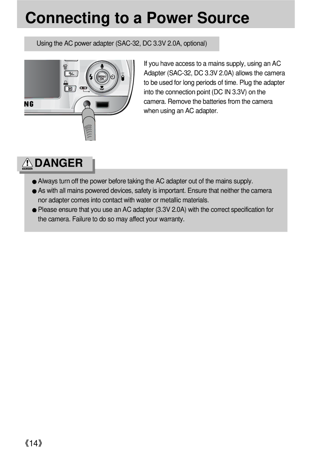 Samsung EC-V800ZSBA/US, EC-V800ZSBA/FR, EC-V800ZSAA manual Using the AC power adapter SAC-32, DC 3.3V 2.0A, optional 