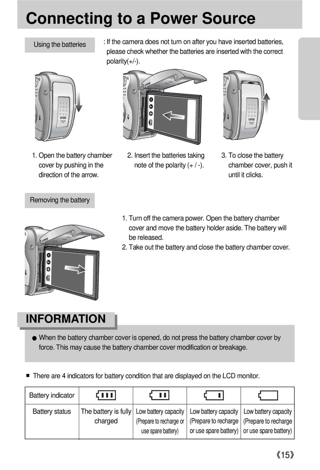 Samsung EC-V800ZSBB/US, EC-V800ZSBA/FR, EC-V800ZSAA, EC-V800ZSBA/E1, EC-V800ZABA/E1 manual Using the batteries, Polarity+ 