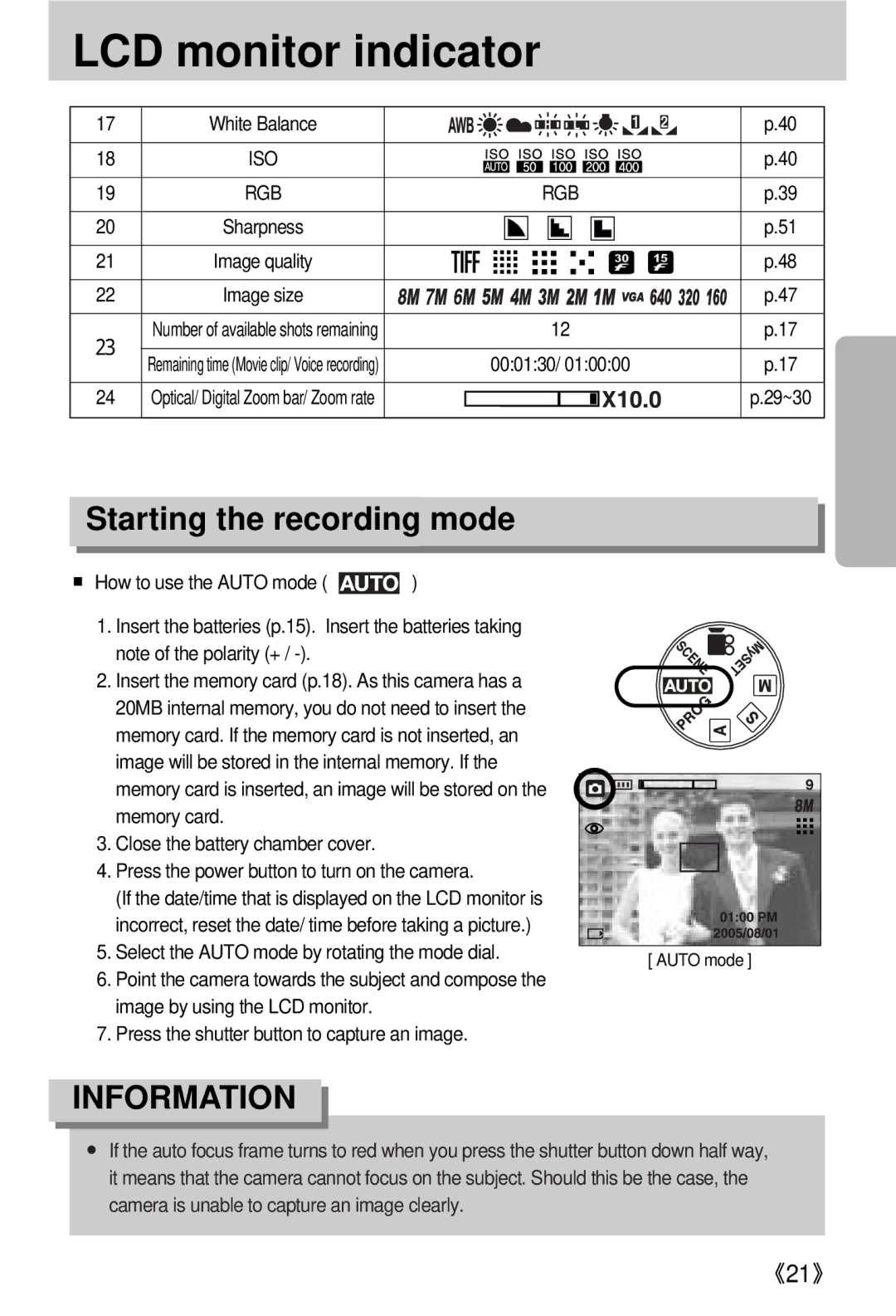 Samsung EC-V800ZABA/E1, EC-V800ZSBA/FR, EC-V800ZSAA manual LCD monitor indicator, Starting the recording mode, 000130 