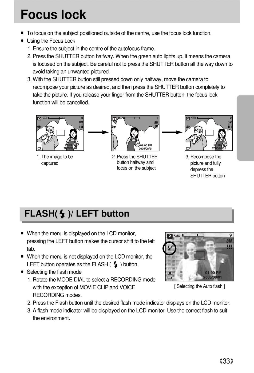 Samsung EC-V800ZSBB/US, EC-V800ZSBA/FR Focus lock, Flash / Left button, When the menu is displayed on the LCD monitor, Tab 