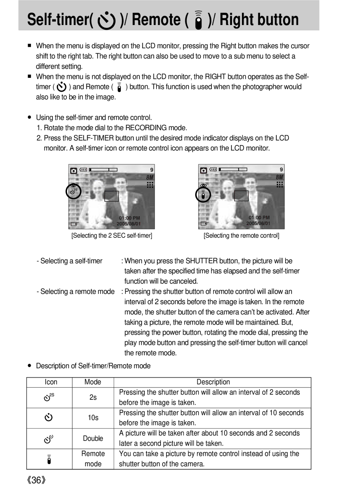 Samsung EC-V800ZSBA/FR manual Selecting a self-timer, Function will be canceled, Remote mode, Before the image is taken 