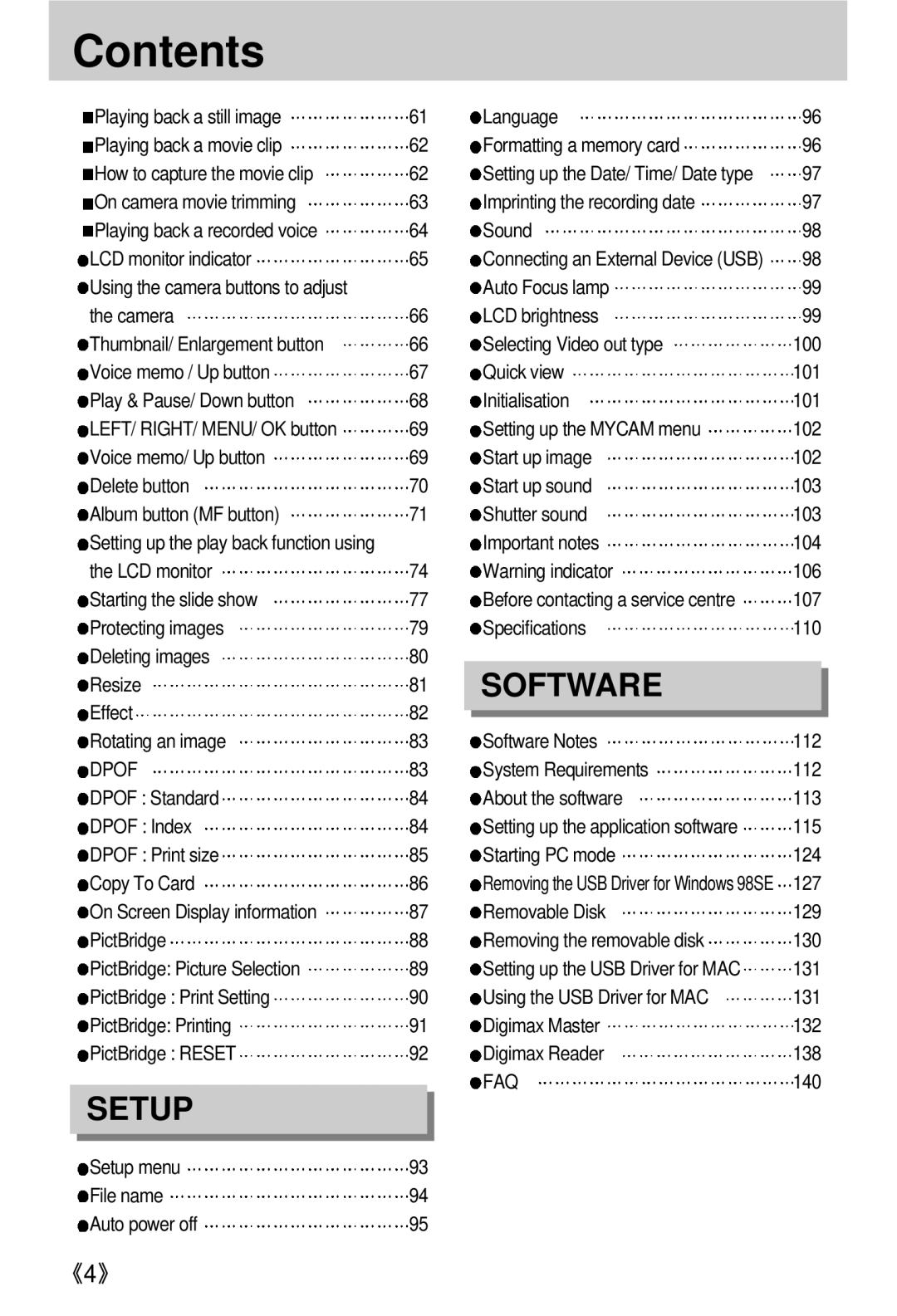 Samsung EC-V800ZABA/AU, EC-V800ZSAA Important notes 104 LCD monitor 106 Starting the slide show, 107, 115, 127, 131, 140 