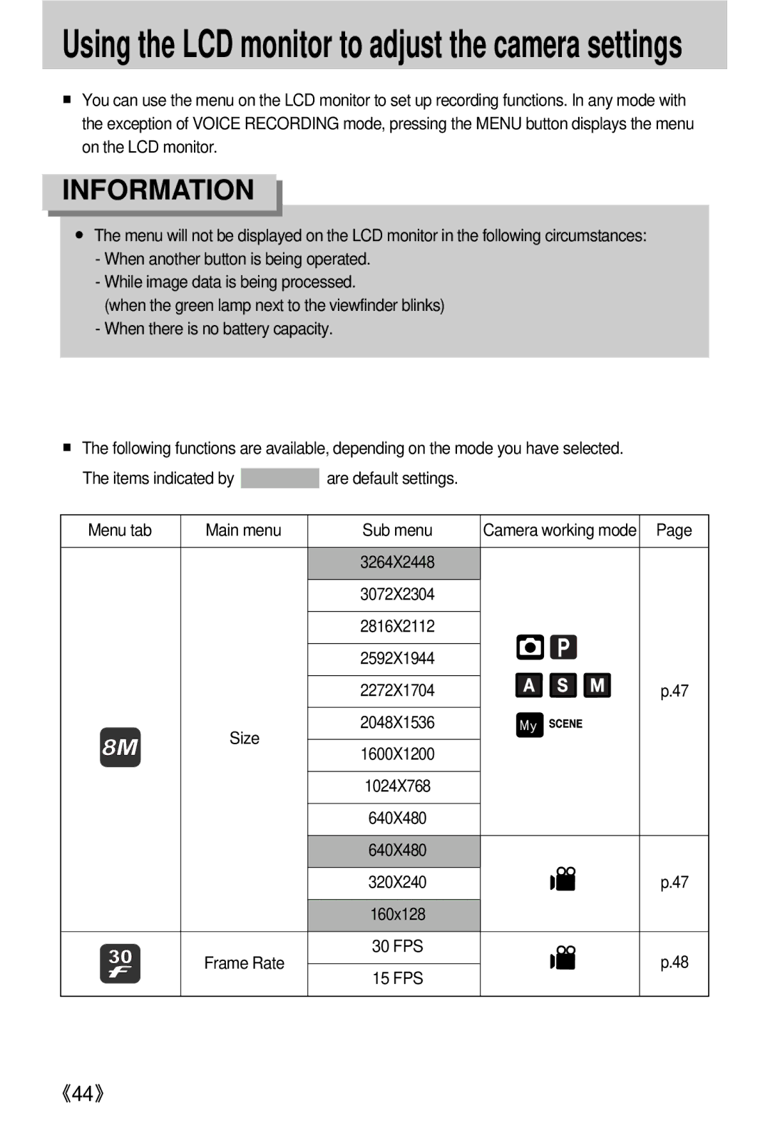 Samsung EC-V800ZSBA/DE, EC-V800ZSBA/FR, EC-V800ZSAA, EC-V800ZSBA/E1 manual Using the LCD monitor to adjust the camera settings 