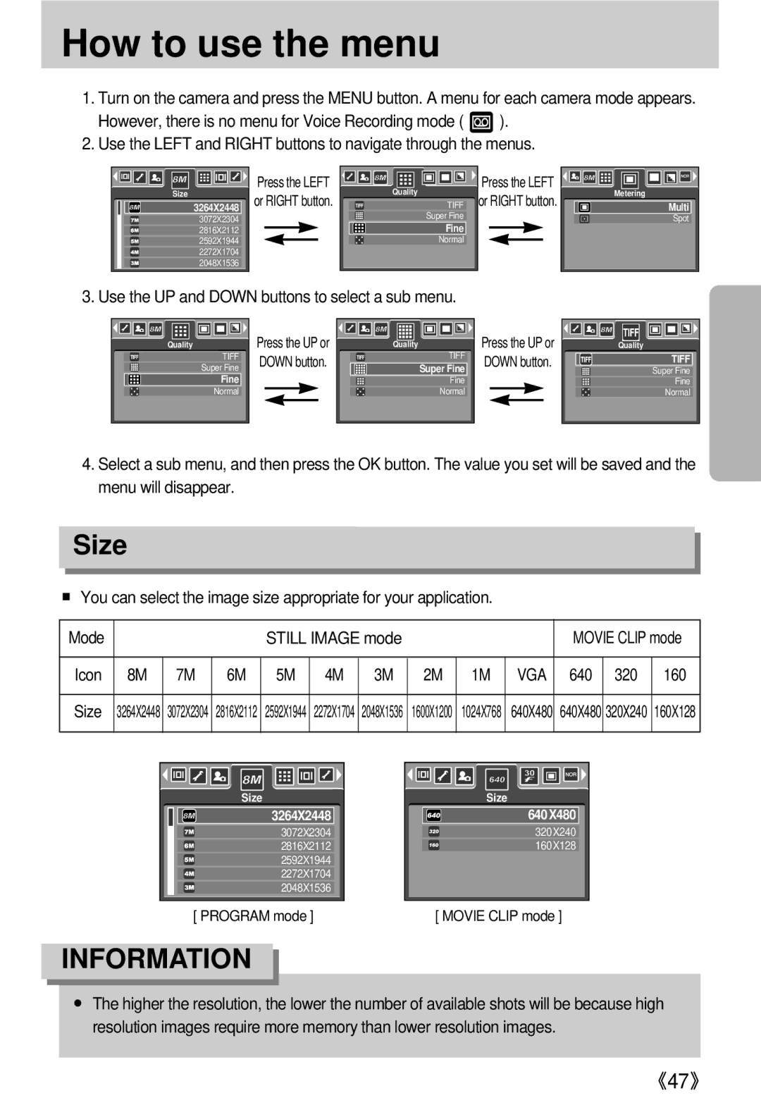 Samsung EC-V800ZSBA/E1 manual How to use the menu, Size, Use the UP and Down buttons to select a sub menu, 640 320 160 