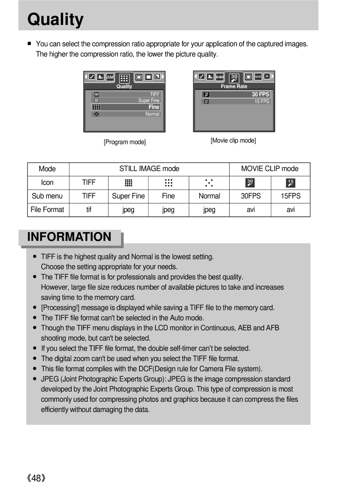 Samsung EC-V800ZABA/E1, EC-V800ZSBA/FR, EC-V800ZSAA manual Quality, Still Image mode Movie Clip mode, Fine, Jpeg, Avi 