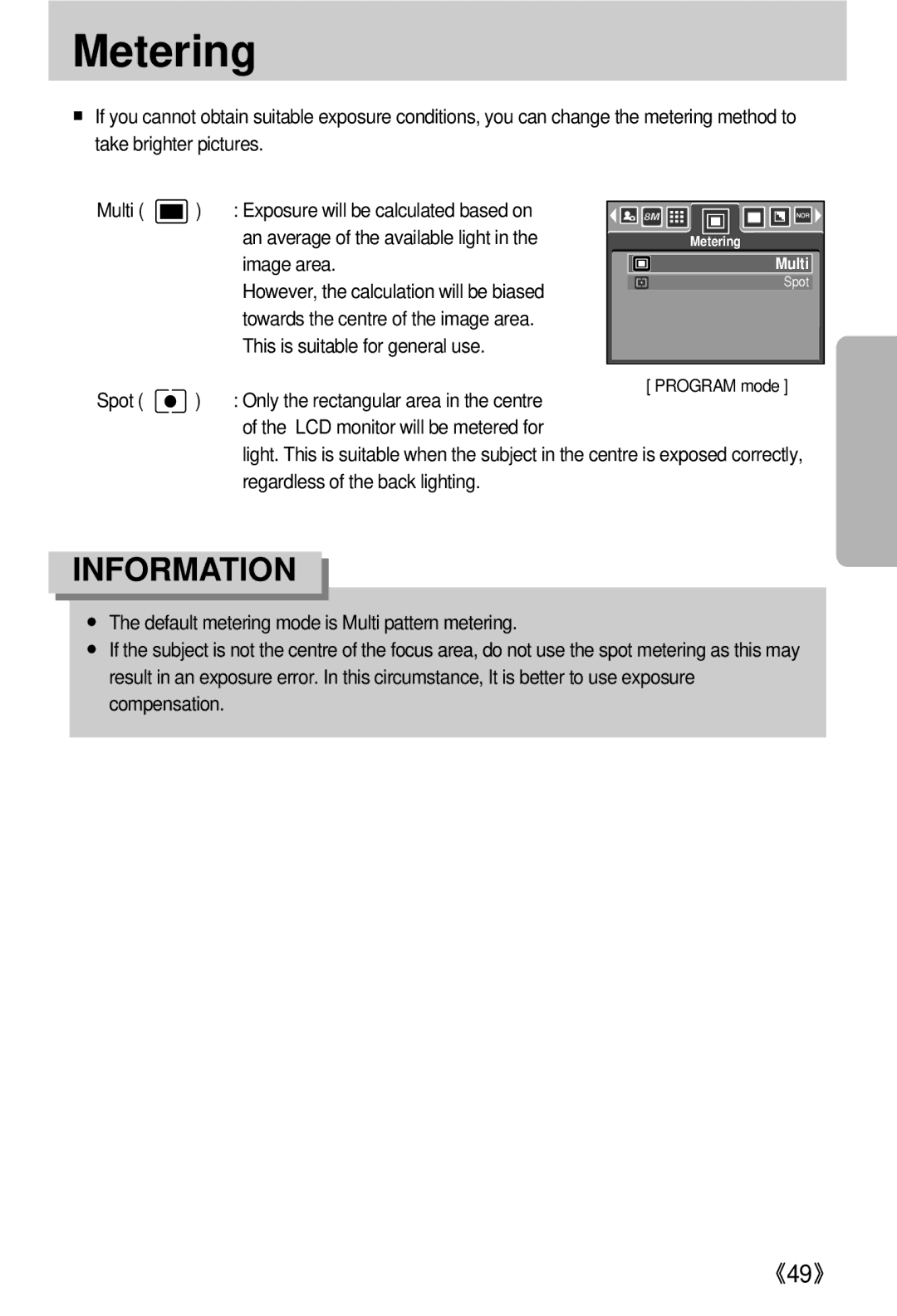 Samsung EC-V800ZABA/AU, EC-V800ZSBA/FR, EC-V800ZSAA, EC-V800ZSBA/E1, EC-V800ZABA/E1, EC-V800ZSBA/US manual Metering, Spot 