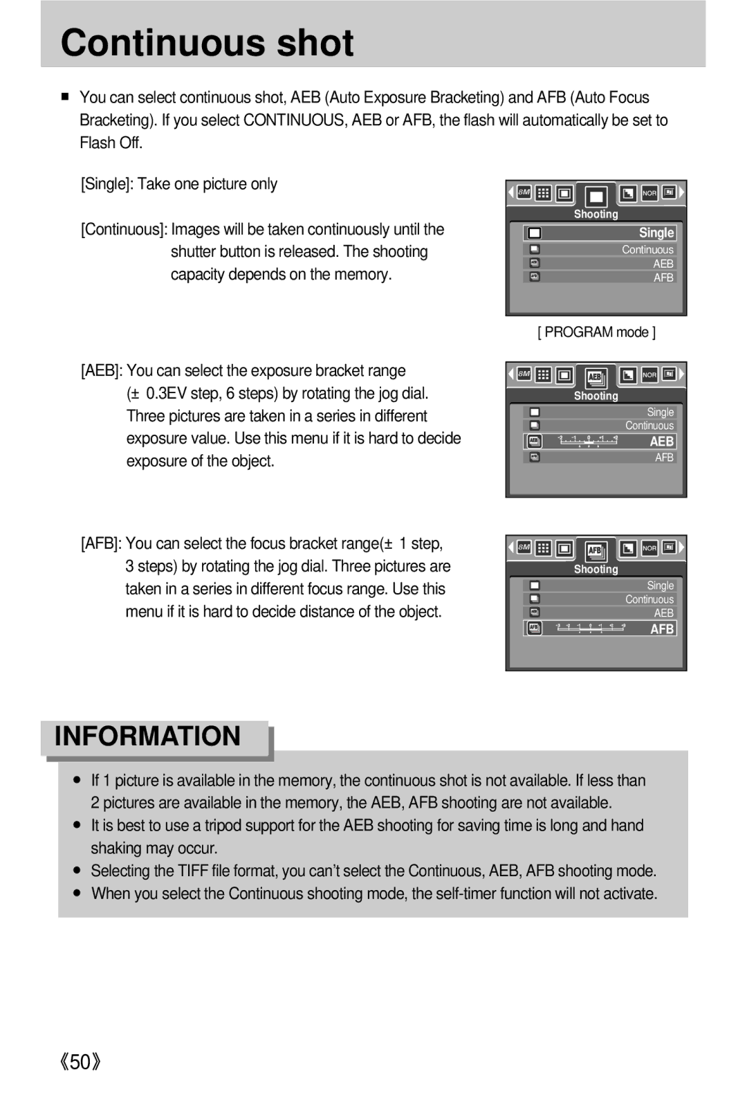 Samsung EC-V800ZSBA/US, EC-V800ZSBA/FR, EC-V800ZSAA, EC-V800ZSBA/E1, EC-V800ZABA/E1, EC-V800ZABA/AU manual Continuous shot 