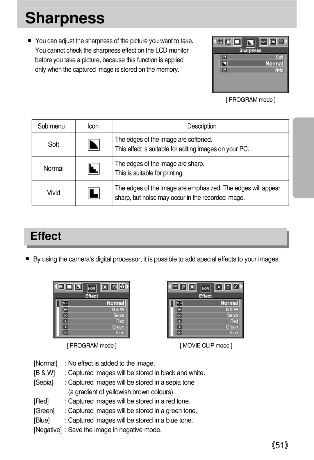 Samsung EC-V800ZSBB/US, EC-V800ZSBA/FR, EC-V800ZSAA, EC-V800ZSBA/E1, EC-V800ZABA/E1, EC-V800ZABA/AU manual Sharpness, Effect 