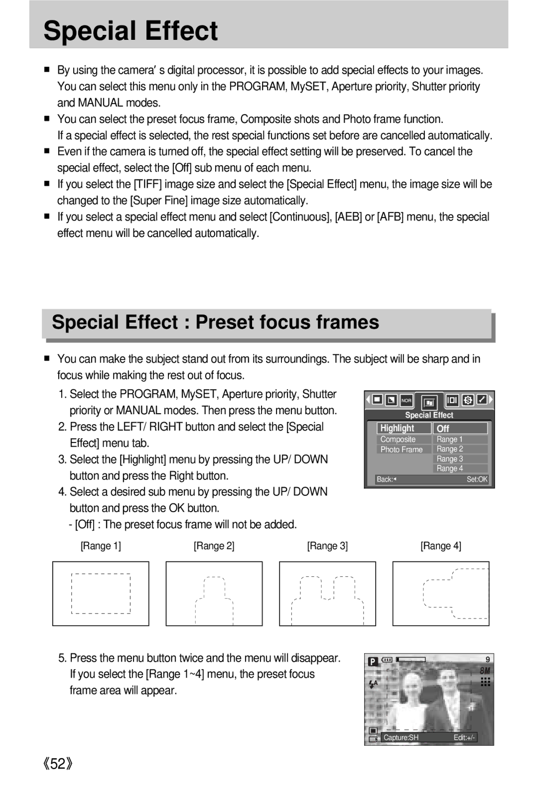 Samsung EC-V800ZABA/GB, EC-V800ZSBA/FR, EC-V800ZSAA, EC-V800ZSBA/E1, EC-V800ZABA/E1 Special Effect Preset focus frames 