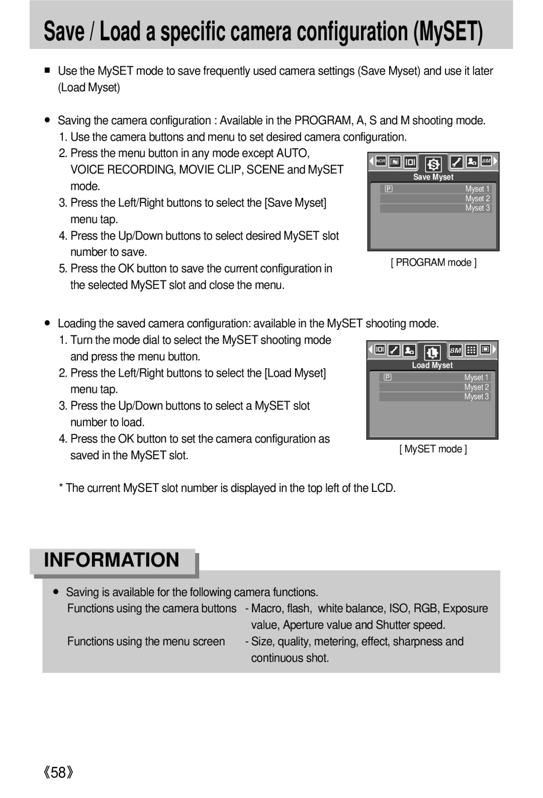 Samsung EC-V800ZABA/AU manual Save / Load a specific camera configuration MySET, Value, Aperture value and Shutter speed 