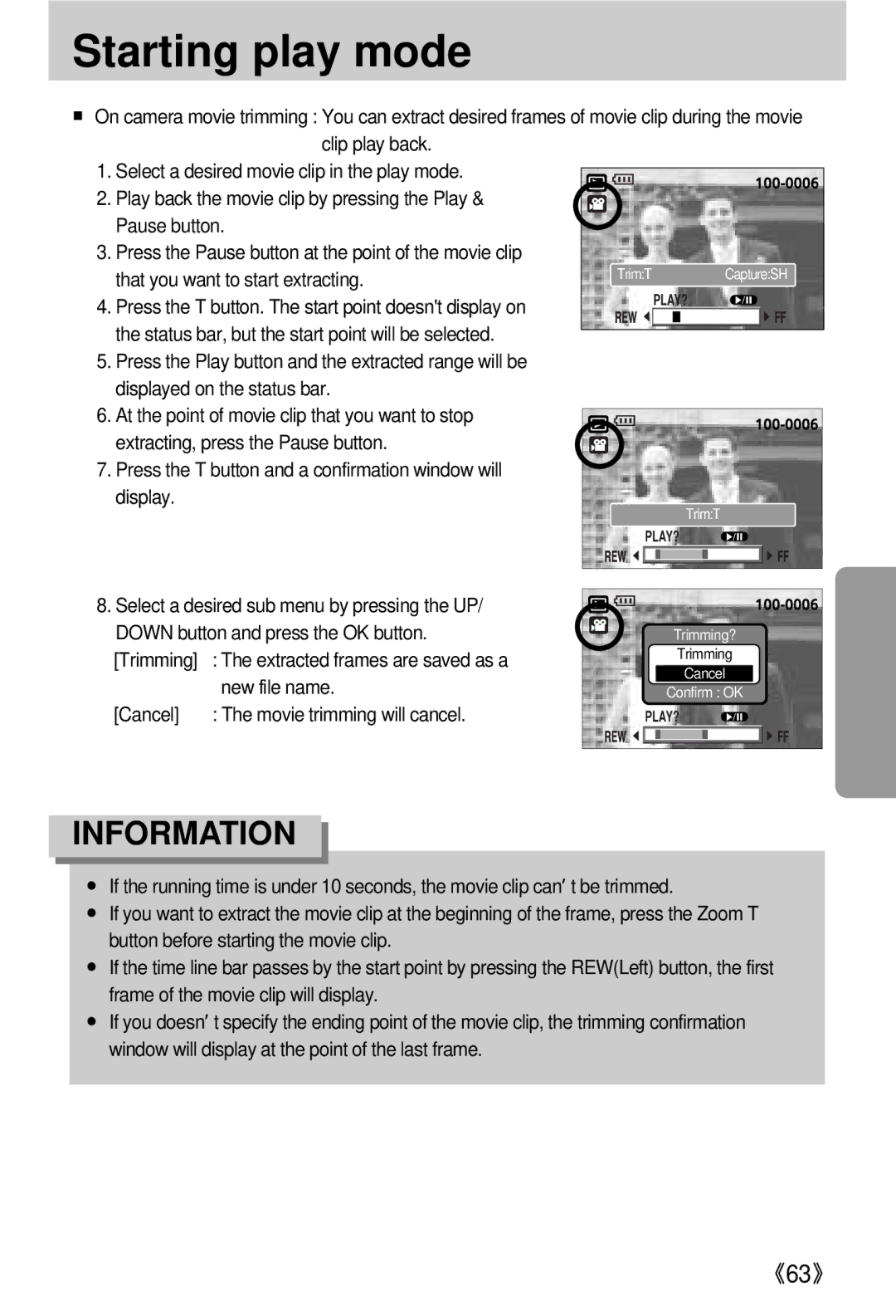 Samsung EC-V800ZSBA/FR, EC-V800ZSAA Press the T button and a confirmation window will display, Trimming, New file name 