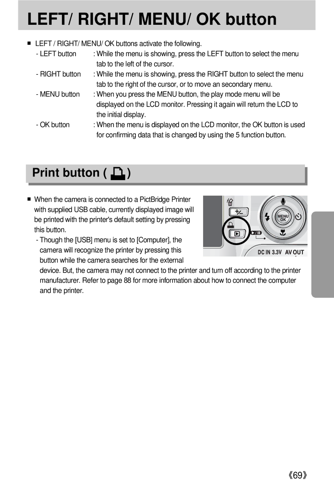 Samsung EC-V800ZSBB/US manual LEFT/ RIGHT/ MENU/ OK button, Print button, Tab to the left of the cursor, Initial display 