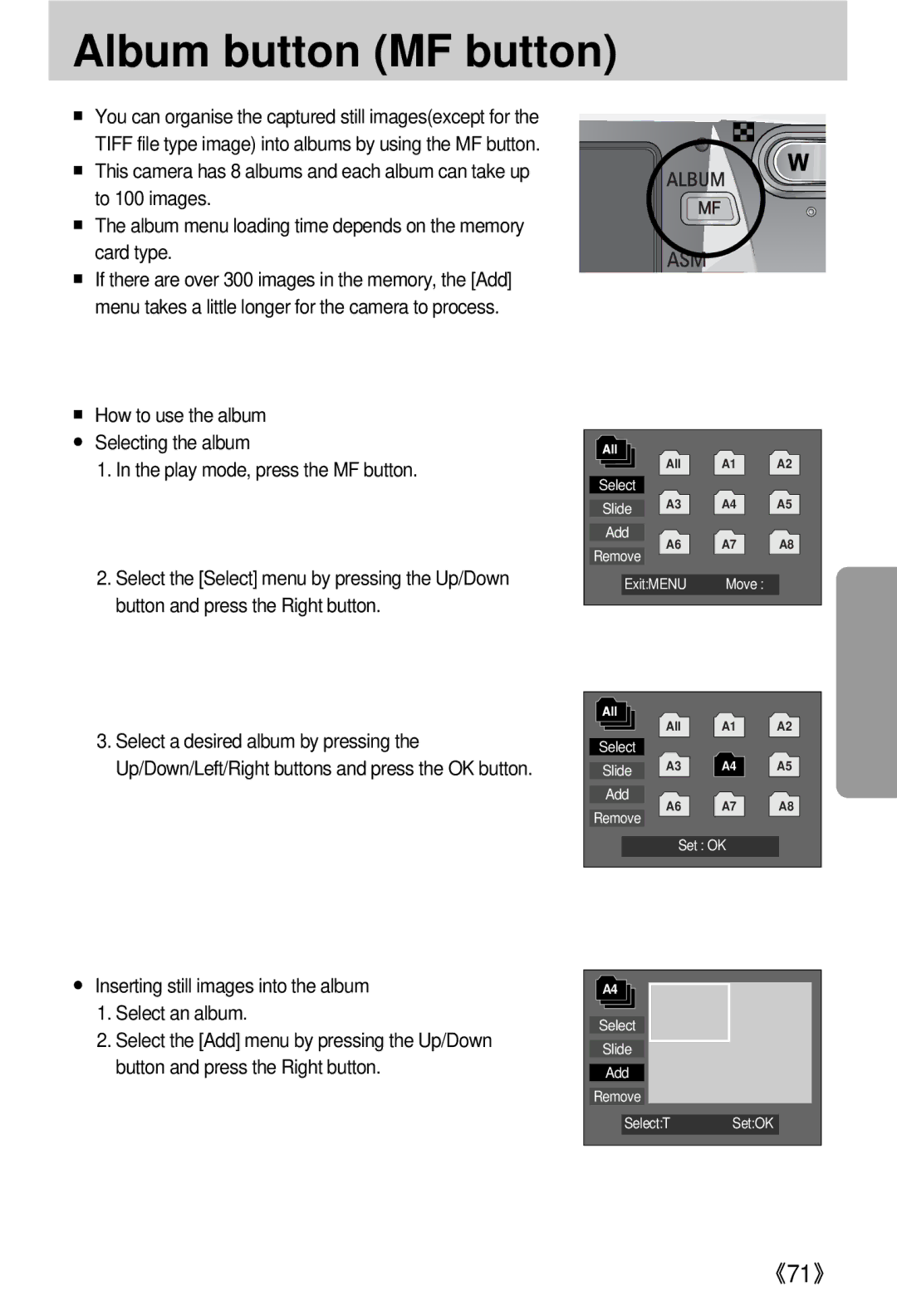 Samsung EC-V800ZSBA/DE, EC-V800ZSBA/FR manual Album button MF button, Inserting still images into the album Select an album 