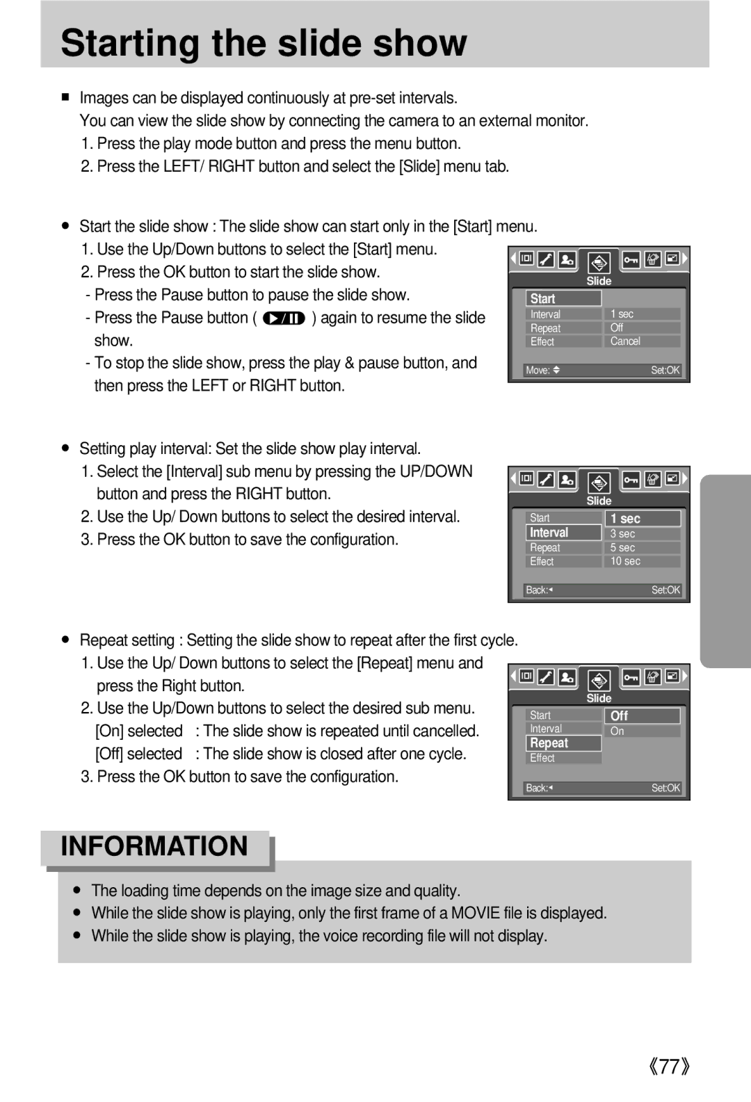 Samsung EC-V800ZSBA/US, EC-V800ZSBA/FR, EC-V800ZSAA Starting the slide show, Press the OK button to save the configuration 