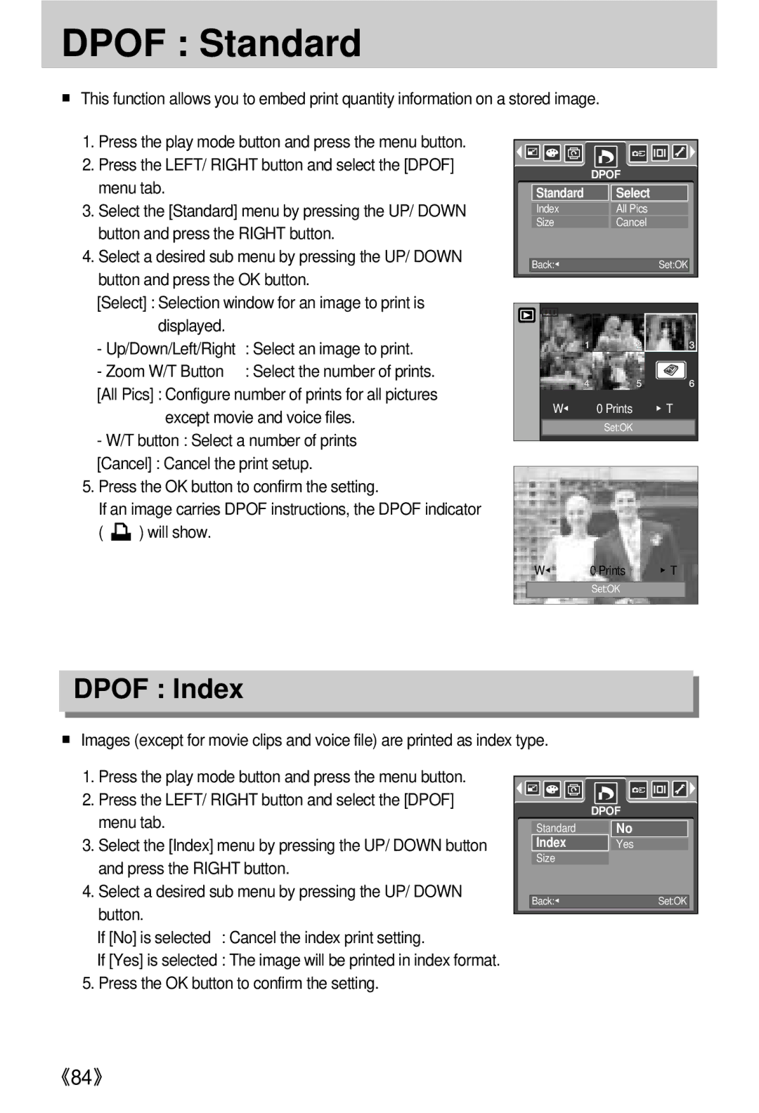 Samsung EC-V800ZABA/E1, EC-V800ZSBA/FR, EC-V800ZSAA, EC-V800ZSBA/E1, EC-V800ZABA/AU manual Dpof Standard, Dpof Index, Will show 