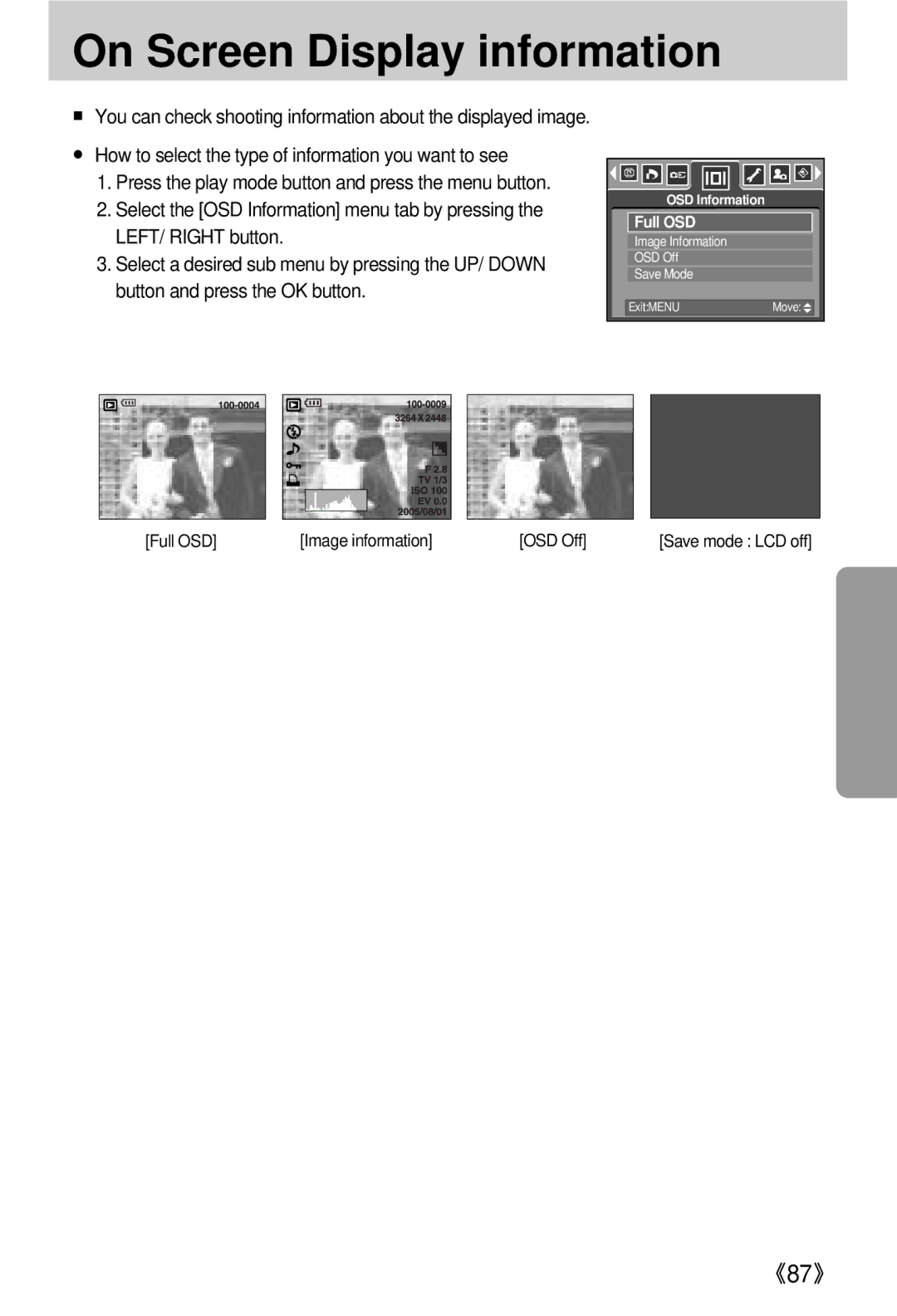 Samsung EC-V800ZSBB/US, EC-V800ZSAA On Screen Display information, How to select the type of information you want to see 