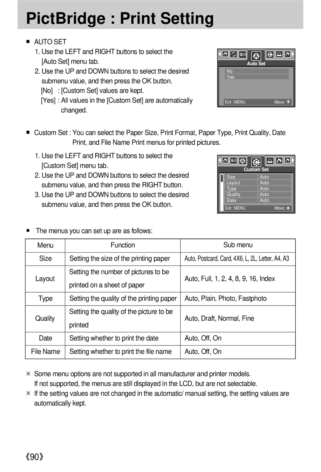 Samsung EC-V800ZSBA/FR, EC-V800ZSAA, EC-V800ZSBA/E1, EC-V800ZABA/E1, EC-V800ZABA/AU, EC-V800ZSBA/US PictBridge Print Setting 