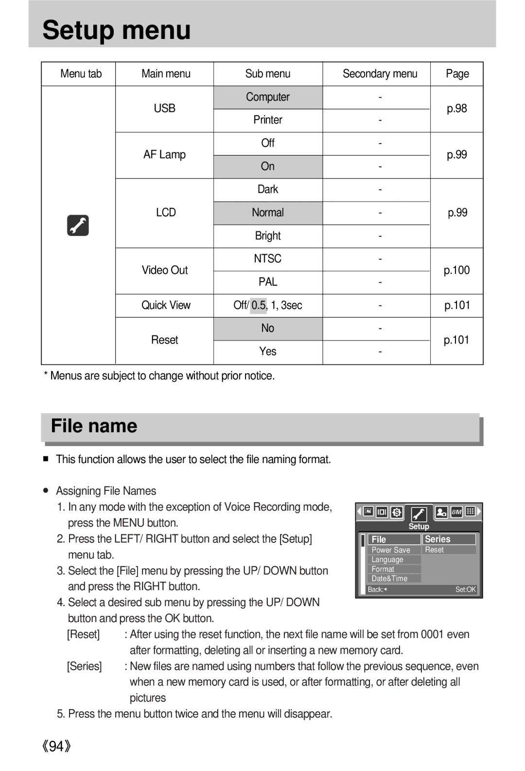 Samsung EC-V800ZABA/AU, EC-V800ZSBA/FR, EC-V800ZSAA, EC-V800ZSBA/E1, EC-V800ZABA/E1, EC-V800ZSBA/US manual Setup menu, File name 