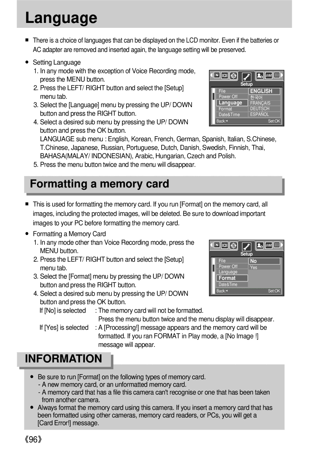 Samsung EC-V800ZSBB/US manual Language, Formatting a memory card, If No is selected The memory card will not be formatted 