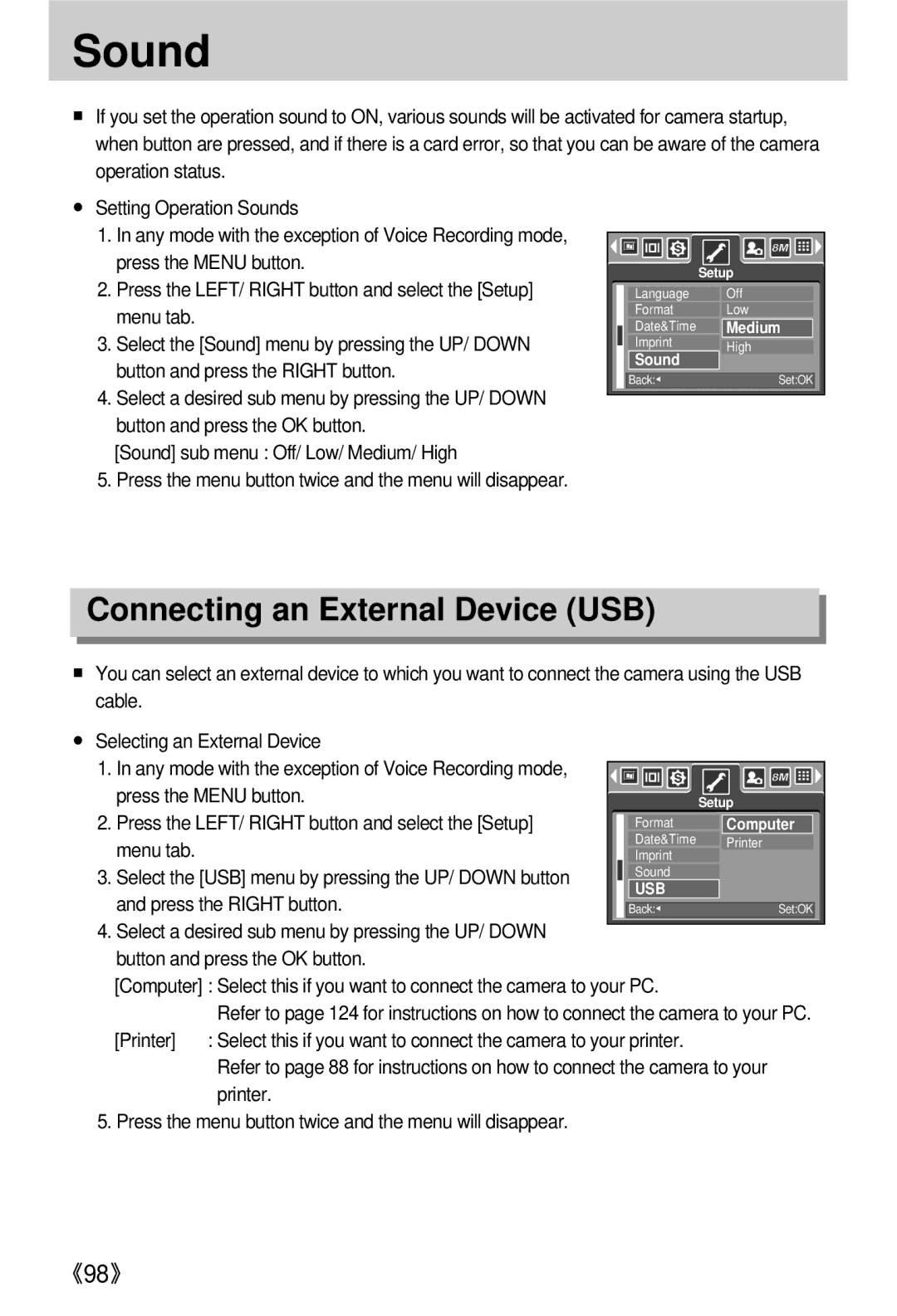 Samsung EC-V800ZSBA/DE, EC-V800ZSBA/FR, EC-V800ZSAA, EC-V800ZSBA/E1, EC-V800ZABA/E1 Sound, Connecting an External Device USB 