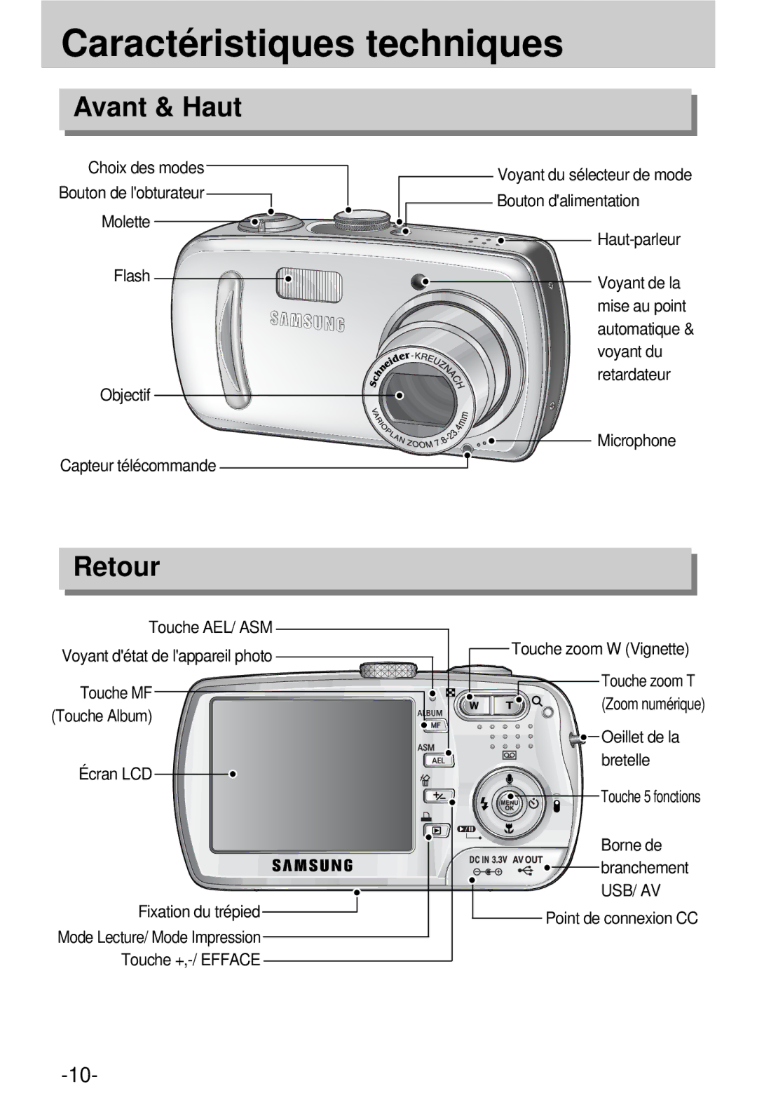 Samsung EC-V800ZSBA/FR manual Caractéristiques techniques, Avant & Haut, Retour, Usb/ Av 