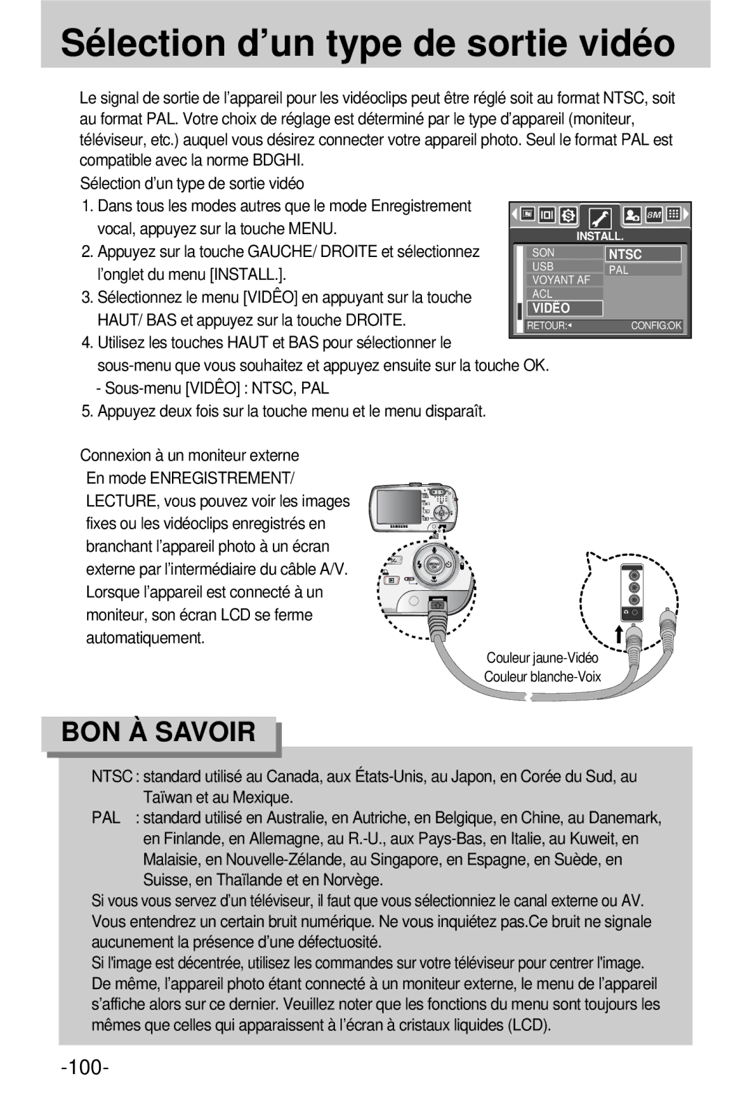 Samsung EC-V800ZSBA/FR manual Sélection d’un type de sortie vidéo 