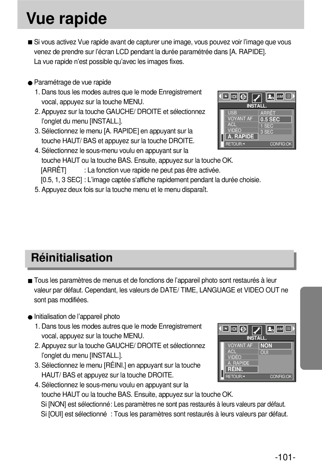 Samsung EC-V800ZSBA/FR manual Vue rapide, Réinitialisation, La vue rapide n’est possible qu’avec les images fixes 