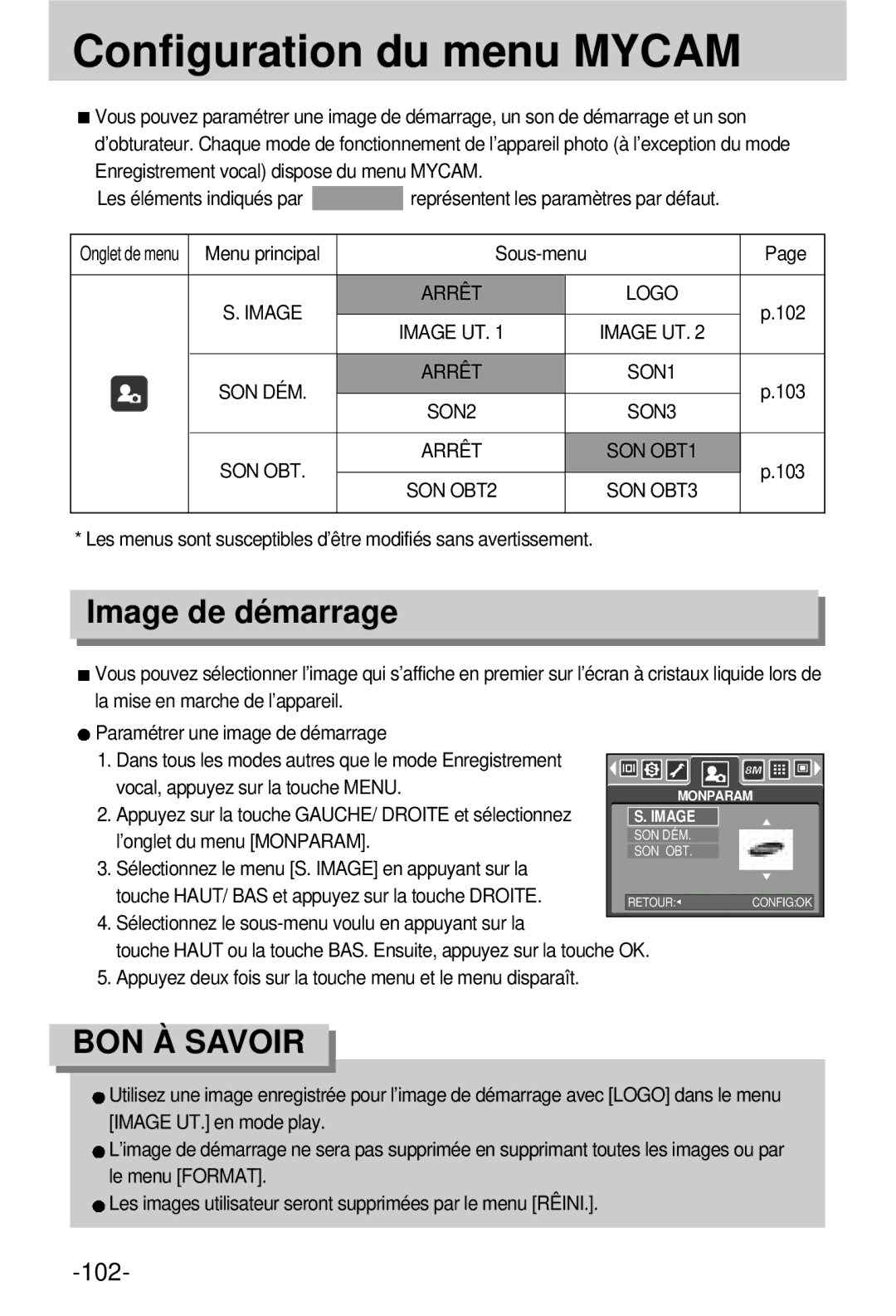 Samsung EC-V800ZSBA/FR manual Configuration du menu Mycam, Image de démarrage, Vocal, appuyez sur la touche Menu 