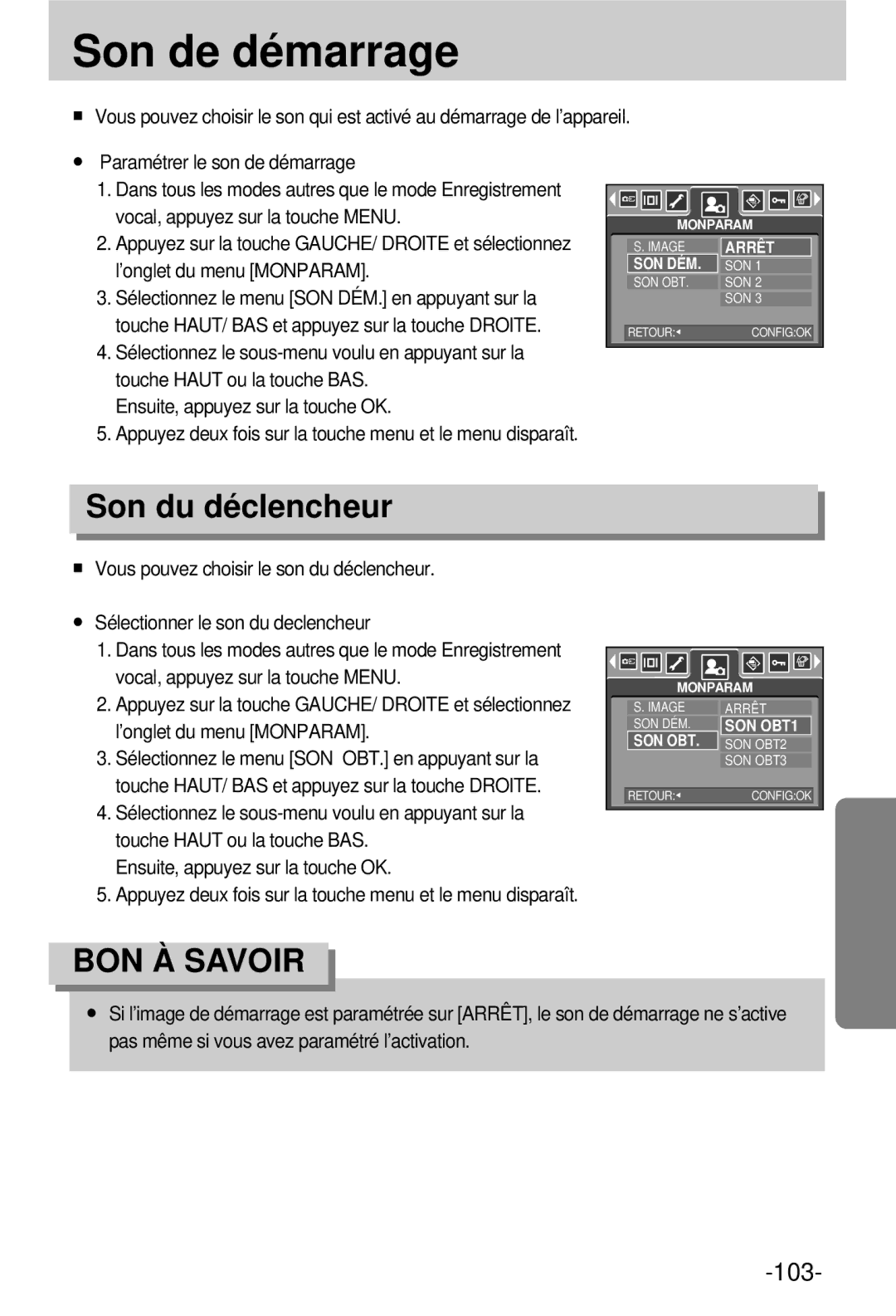 Samsung EC-V800ZSBA/FR manual Son de démarrage, Son du déclencheur 