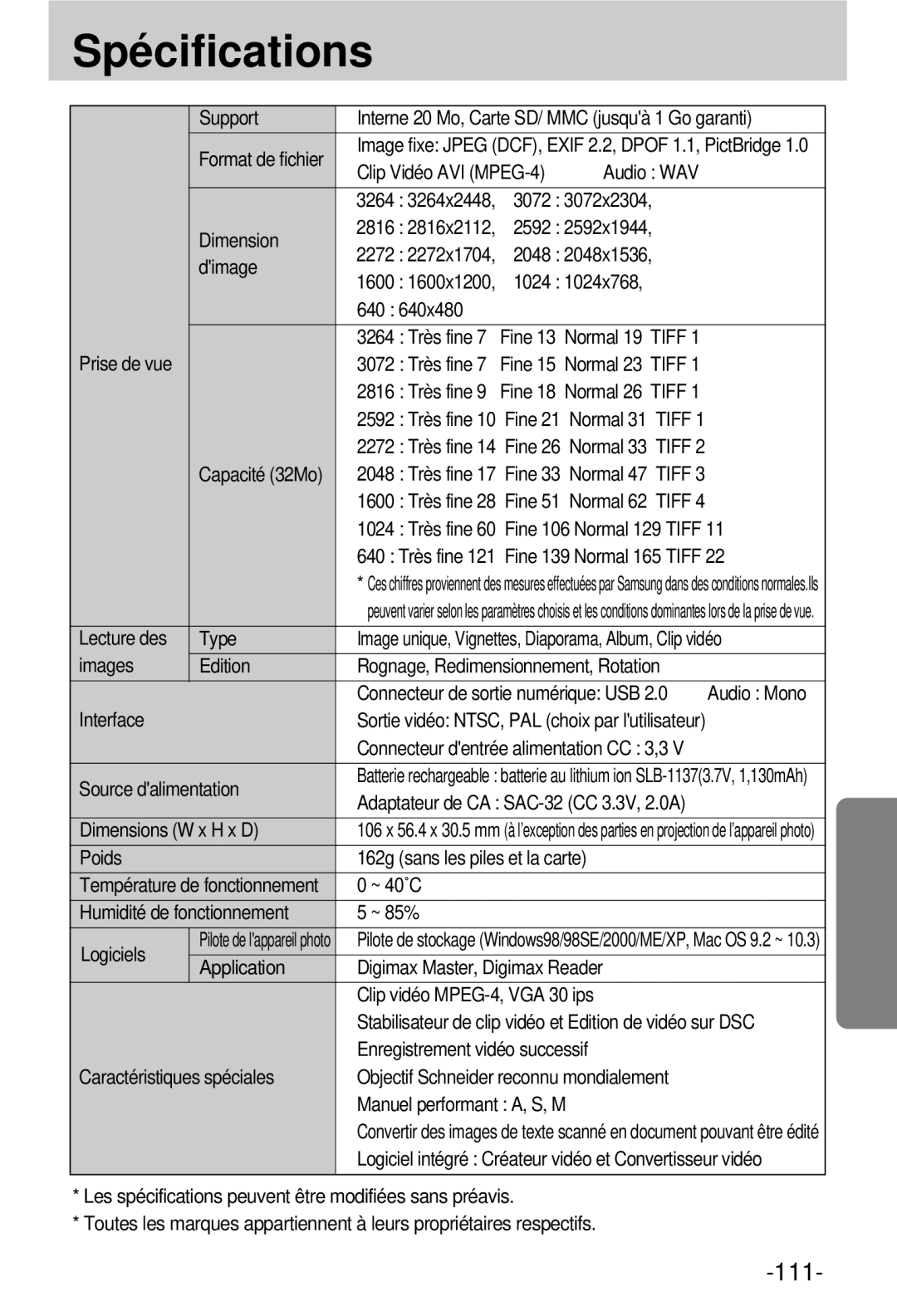 Samsung EC-V800ZSBA/FR Support Interne 20 Mo, Carte SD/ MMC jusquà 1 Go garanti, Clip Vidéo AVI MPEG-4, Lecture des Type 