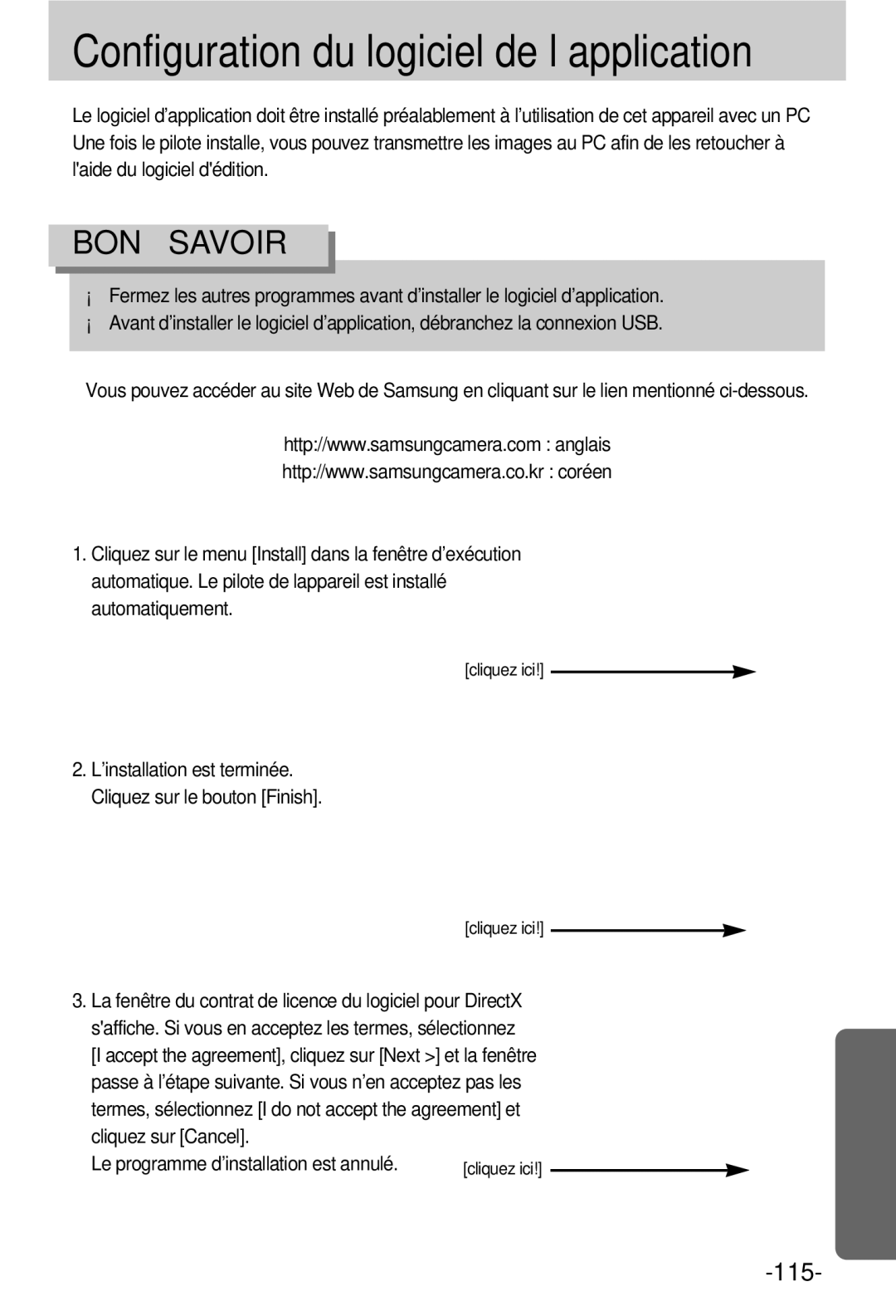 Samsung EC-V800ZSBA/FR manual Configuration du logiciel de l’application, Le programme d’installation est annulé 