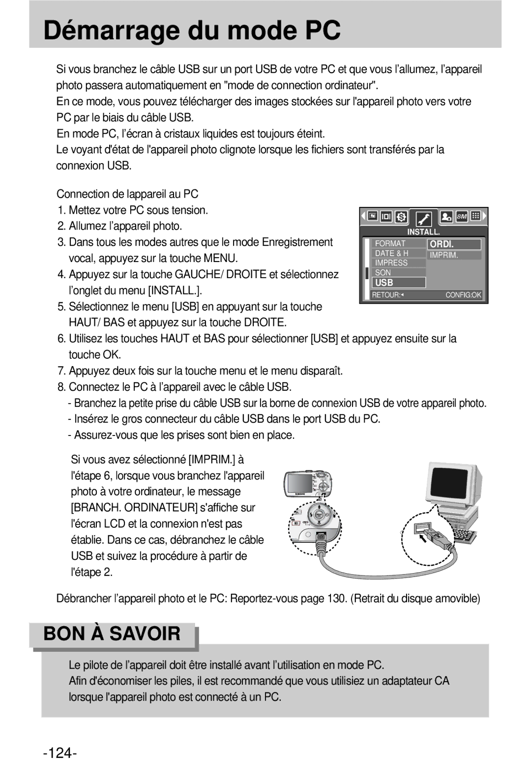 Samsung EC-V800ZSBA/FR manual Démarrage du mode PC 