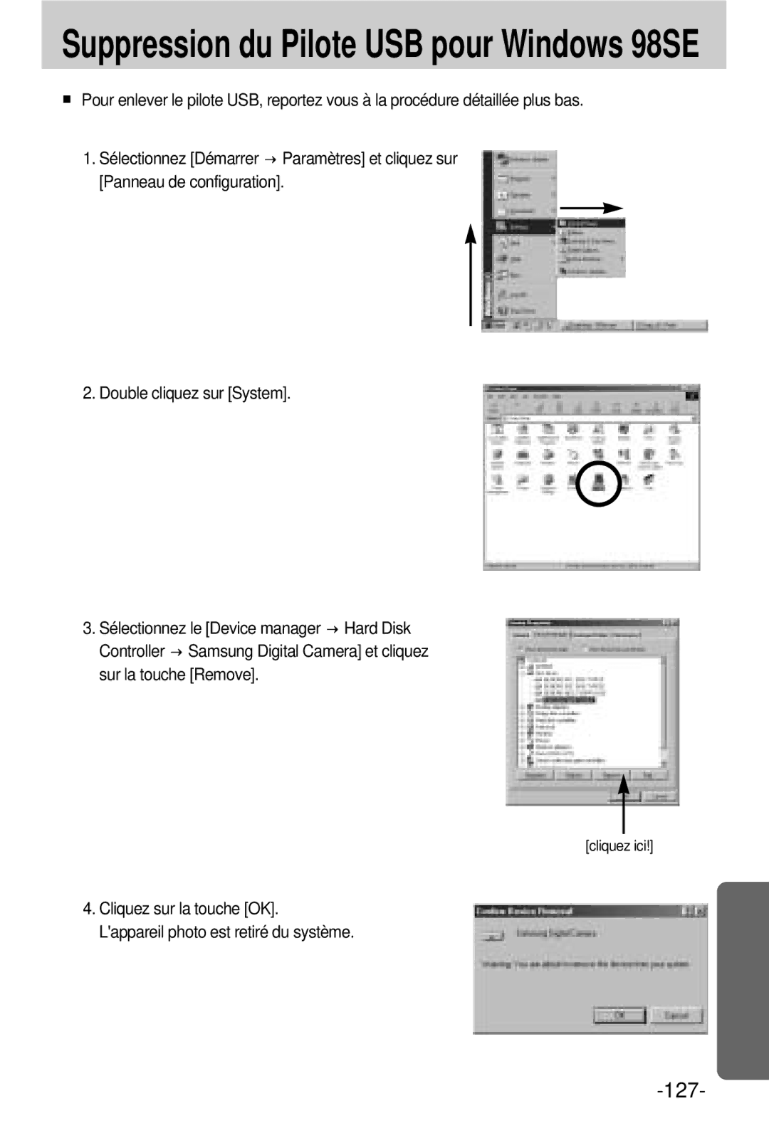 Samsung EC-V800ZSBA/FR manual Suppression du Pilote USB pour Windows 98SE 