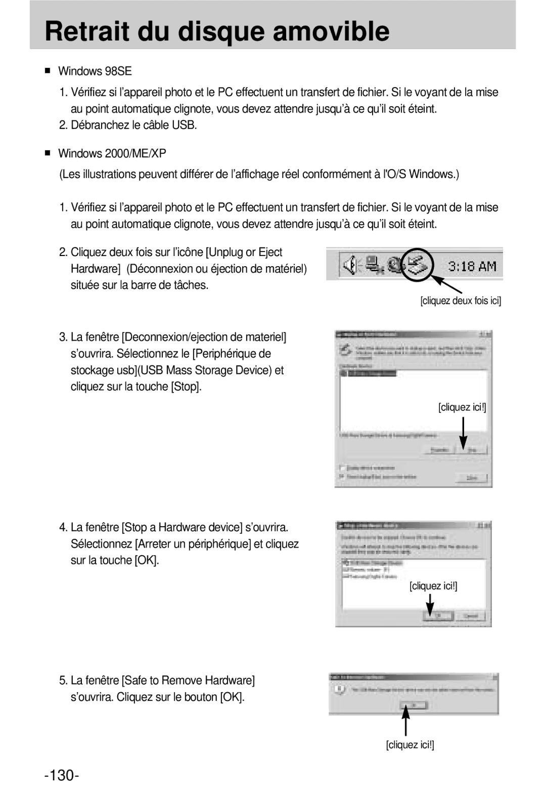 Samsung EC-V800ZSBA/FR manual Retrait du disque amovible, Windows 98SE, Située sur la barre de tâches 