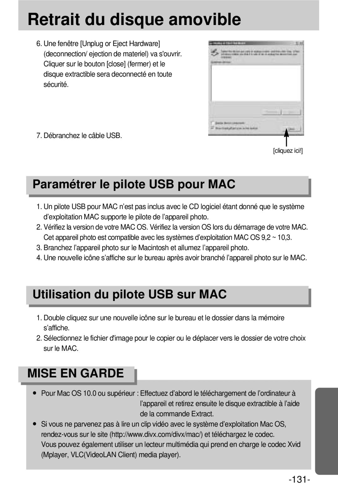 Samsung EC-V800ZSBA/FR manual Paramétrer le pilote USB pour MAC, Utilisation du pilote USB sur MAC 