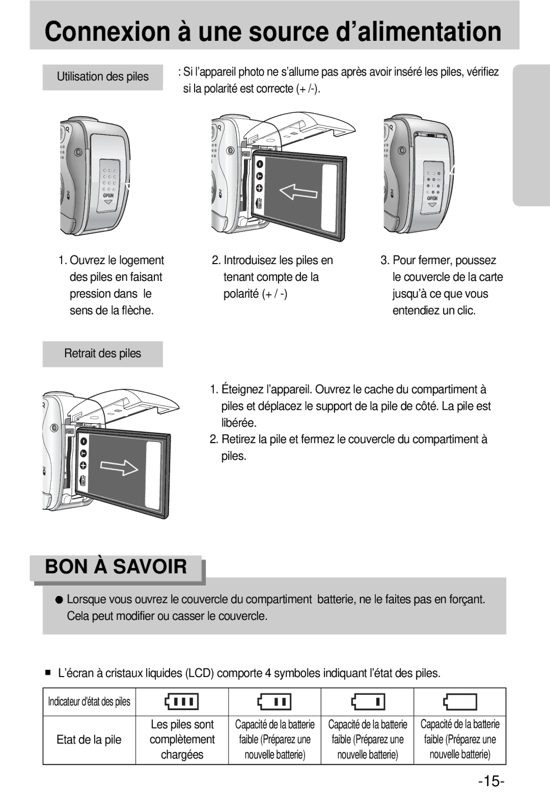 Samsung EC-V800ZSBA/FR manual Si la polarité est correcte +, Introduisez les piles en tenant compte de la polarité + 