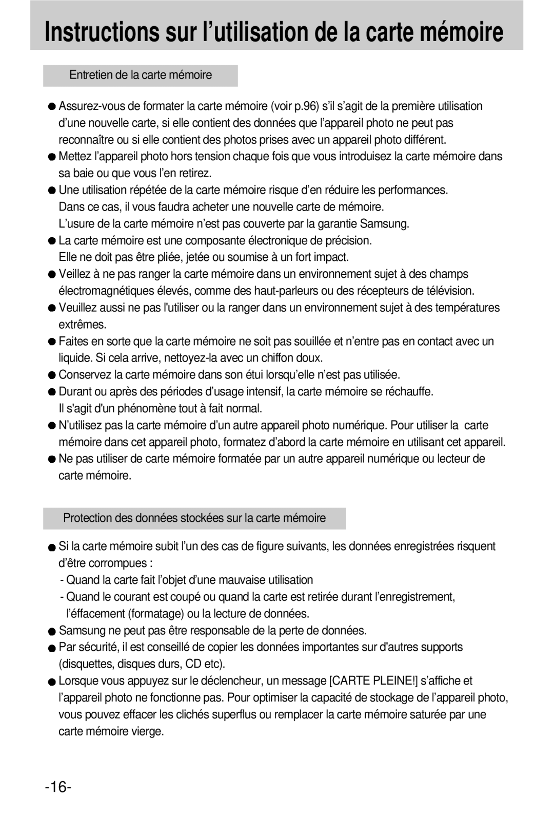 Samsung EC-V800ZSBA/FR manual Instructions sur l’utilisation de la carte mémoire 