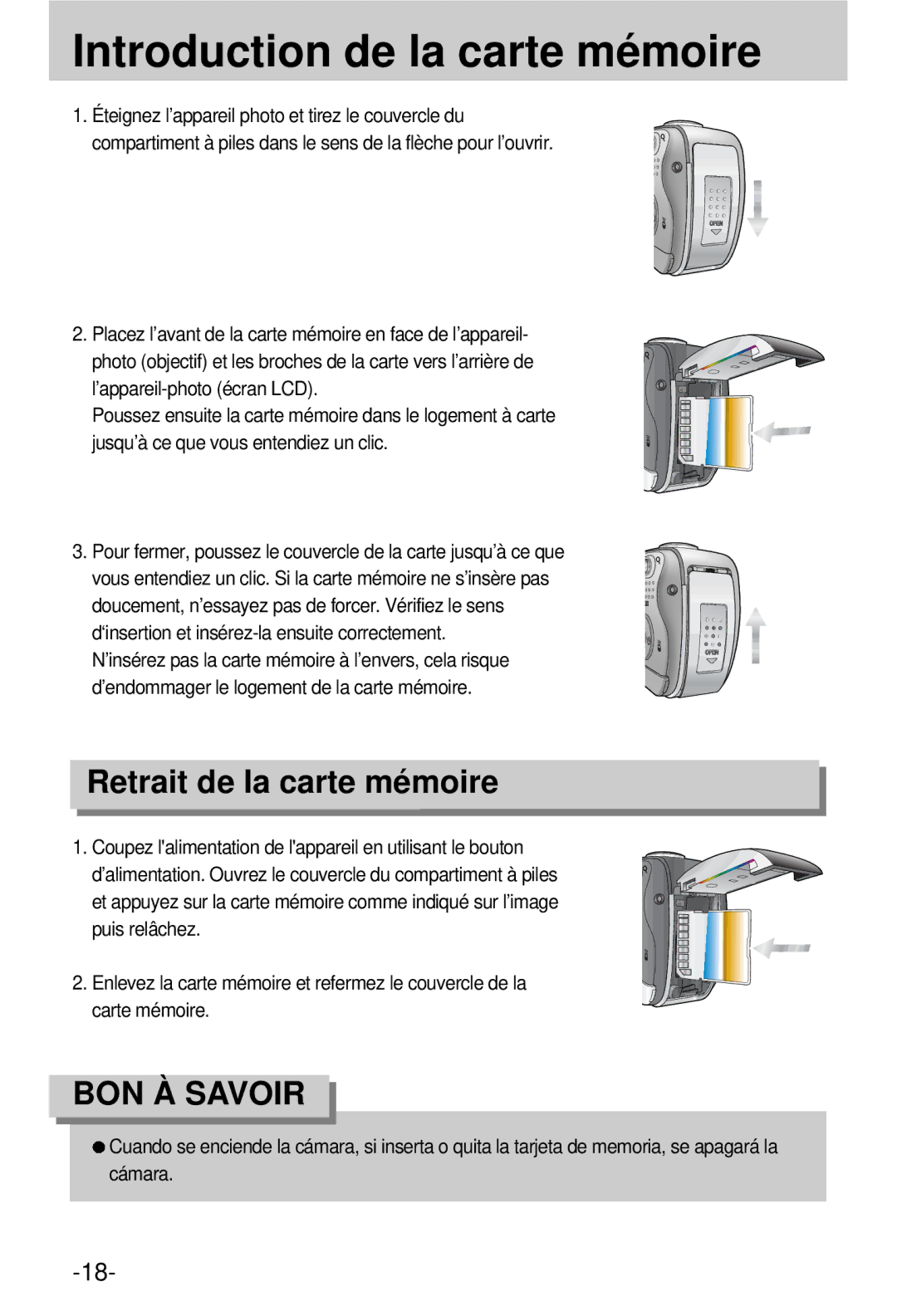 Samsung EC-V800ZSBA/FR manual Introduction de la carte mémoire, Retrait de la carte mémoire 
