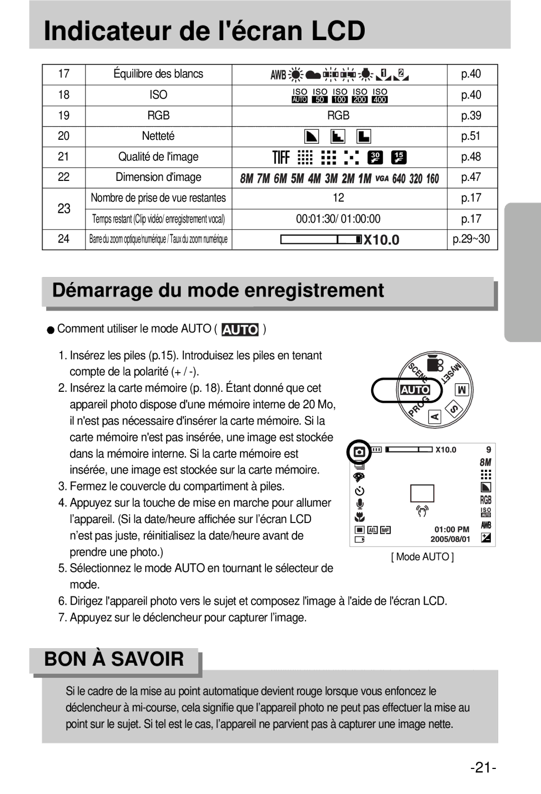 Samsung EC-V800ZSBA/FR manual Indicateur de lécran LCD, Démarrage du mode enregistrement, Rgb, 000130 