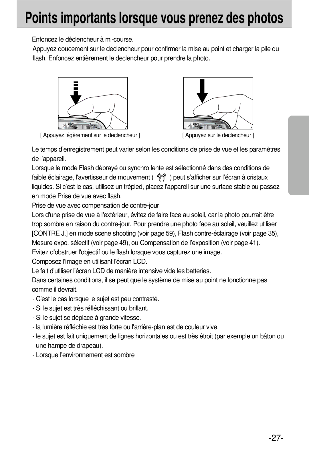 Samsung EC-V800ZSBA/FR manual Points importants lorsque vous prenez des photos, Enfoncez le déclencheur à mi-course 