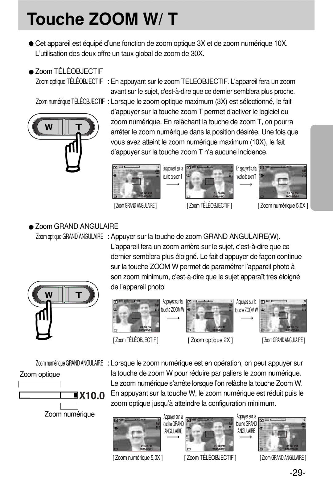 Samsung EC-V800ZSBA/FR manual Touche Zoom W/ T, Zoom Grand Angulaire, Zoom numérique 