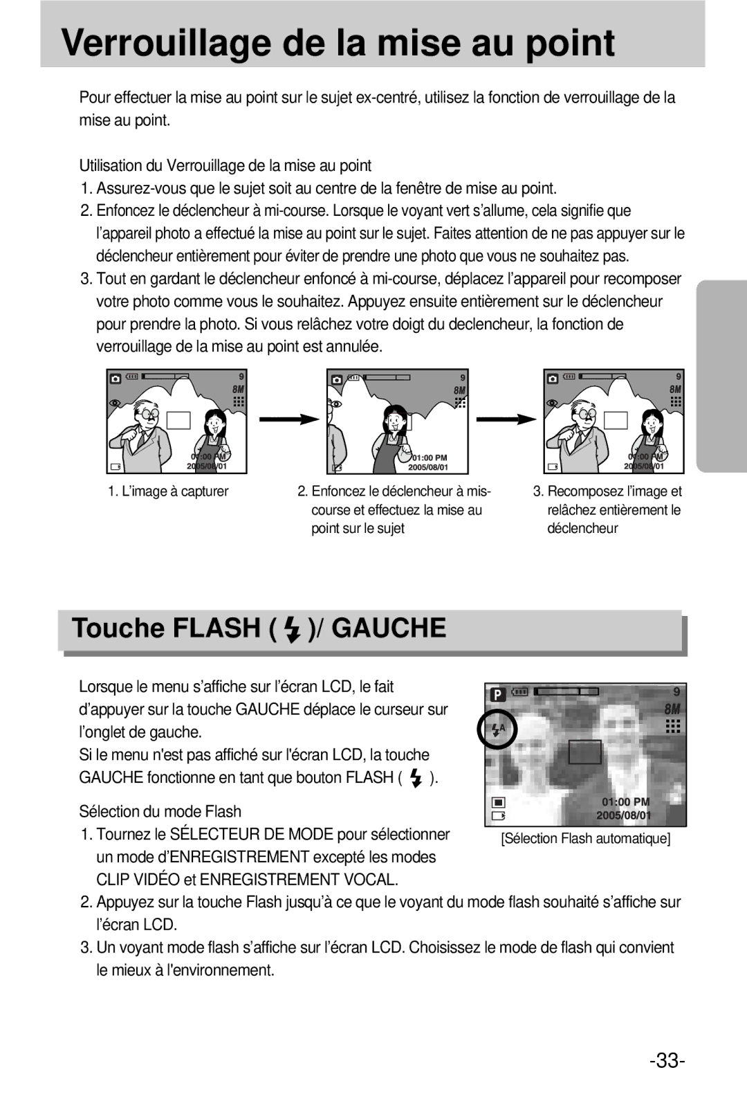 Samsung EC-V800ZSBA/FR manual Verrouillage de la mise au point, Touche Flash / Gauche, Sélection du mode Flash 