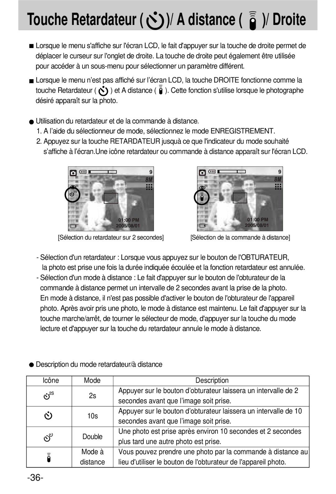 Samsung EC-V800ZSBA/FR manual Description du mode retardateur/à distance Icône Mode, Secondes avant que l’image soit prise 