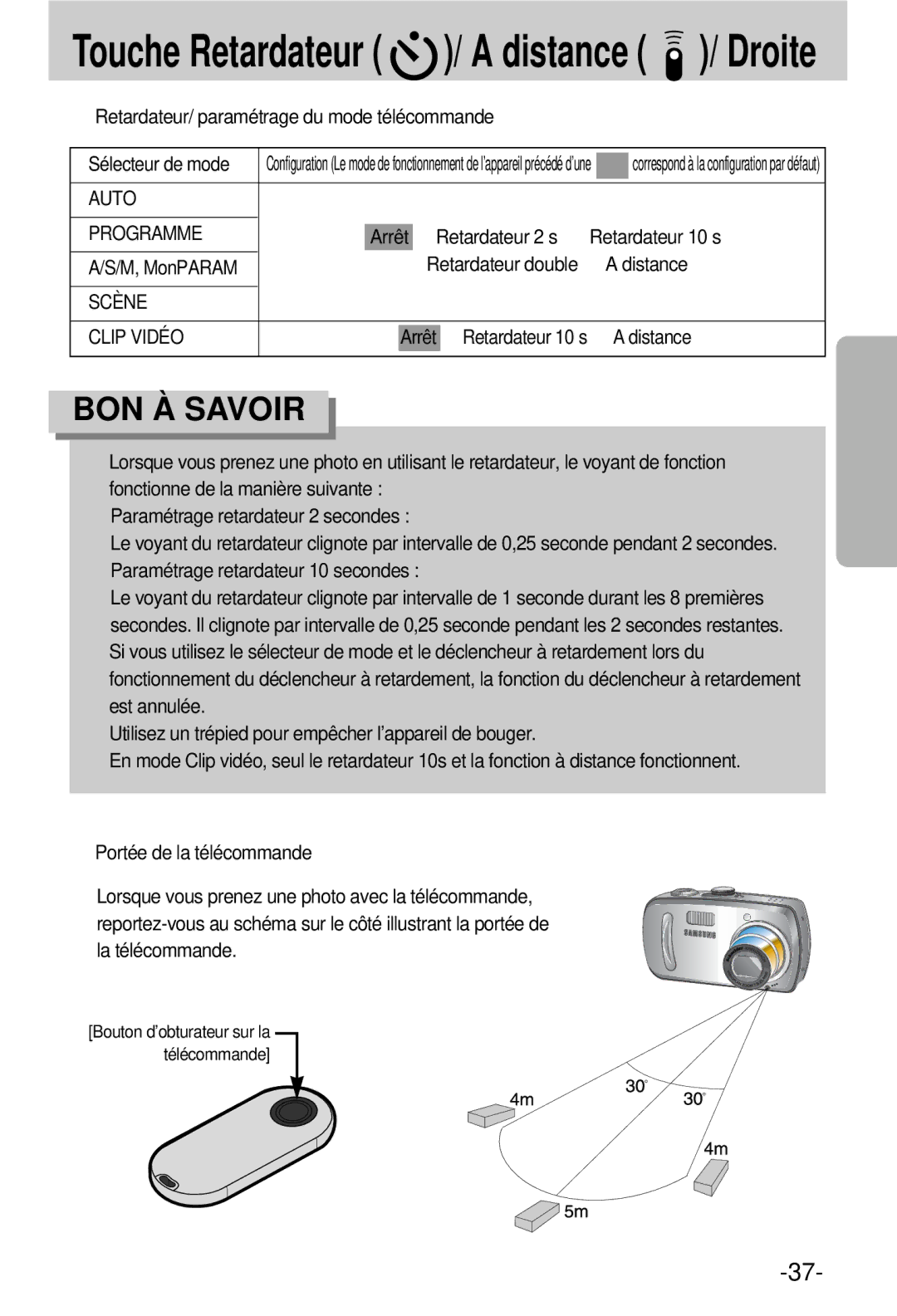 Samsung EC-V800ZSBA/FR manual Auto Programme, Retardateur 2 s Retardateur 10 s, Distance, Scène Clip Vidéo 