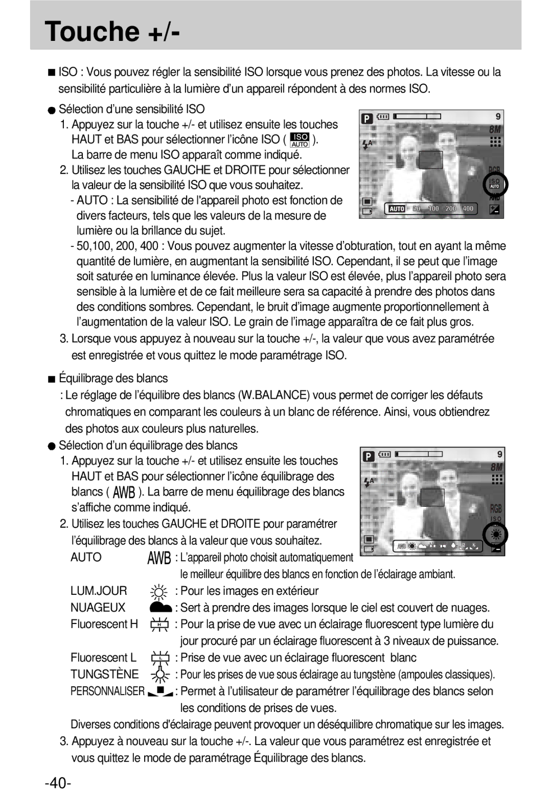 Samsung EC-V800ZSBA/FR manual Lum.Jour, Nuageux, Tungstène, Personnaliser 