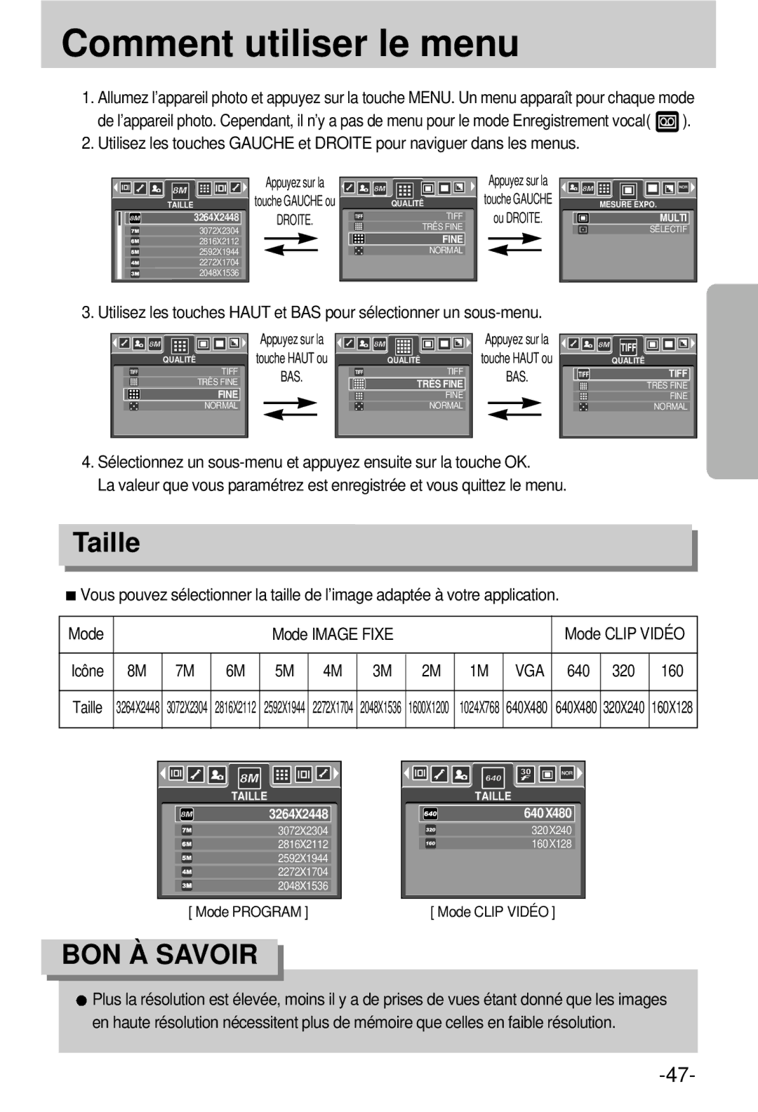 Samsung EC-V800ZSBA/FR manual Comment utiliser le menu, Taille, 640 320 160 